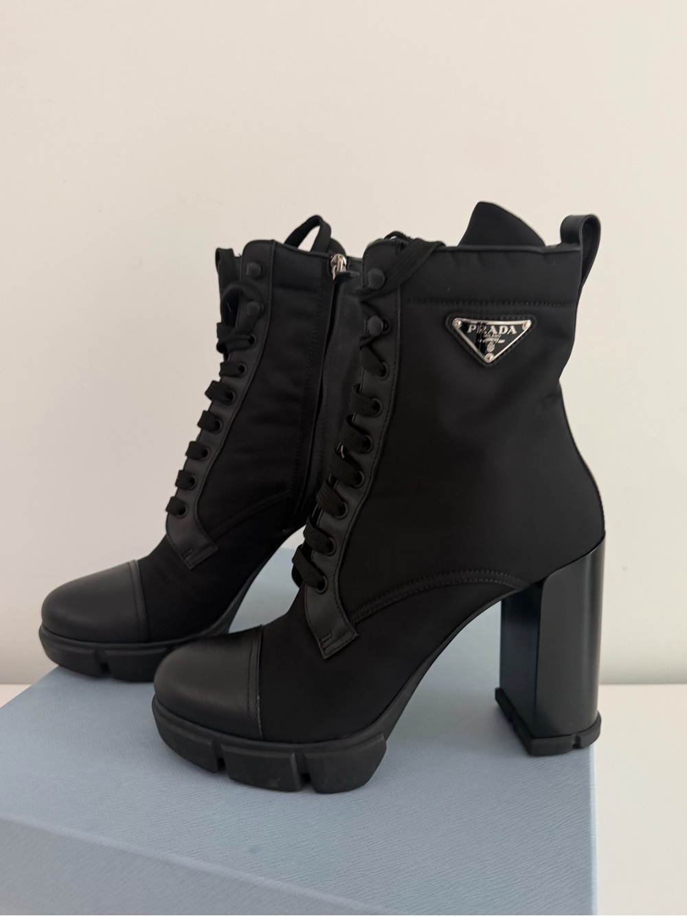 Prada Black Lace-Up Platform Ankle Boots with Logo Patch - Picture 3 of 5